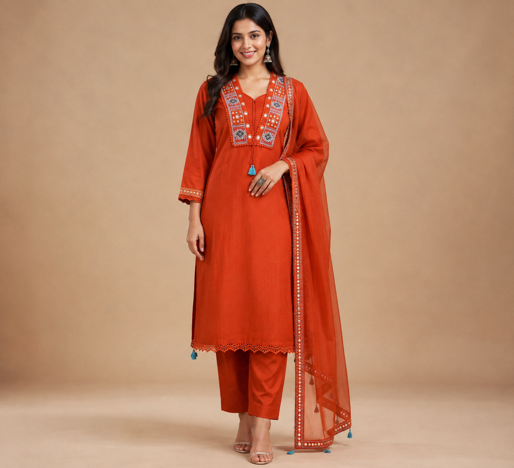 Embroidered Cotton Kurta Set – 3 Piece