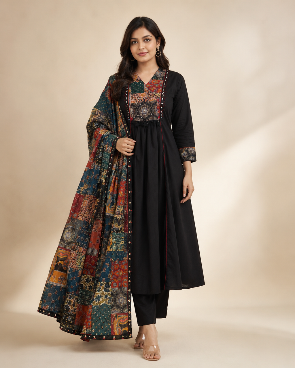 Black Multicolor Yoke Cotton Anarkali 3-Piece Set –