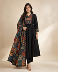 Black Multicolor Yoke Cotton Anarkali 3-Piece Set –