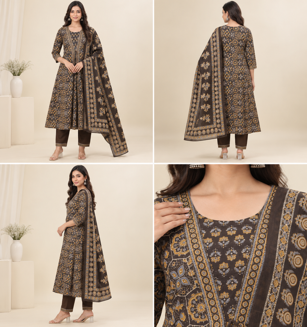Printed Cotton Anarkali 3-Piece Suit Set