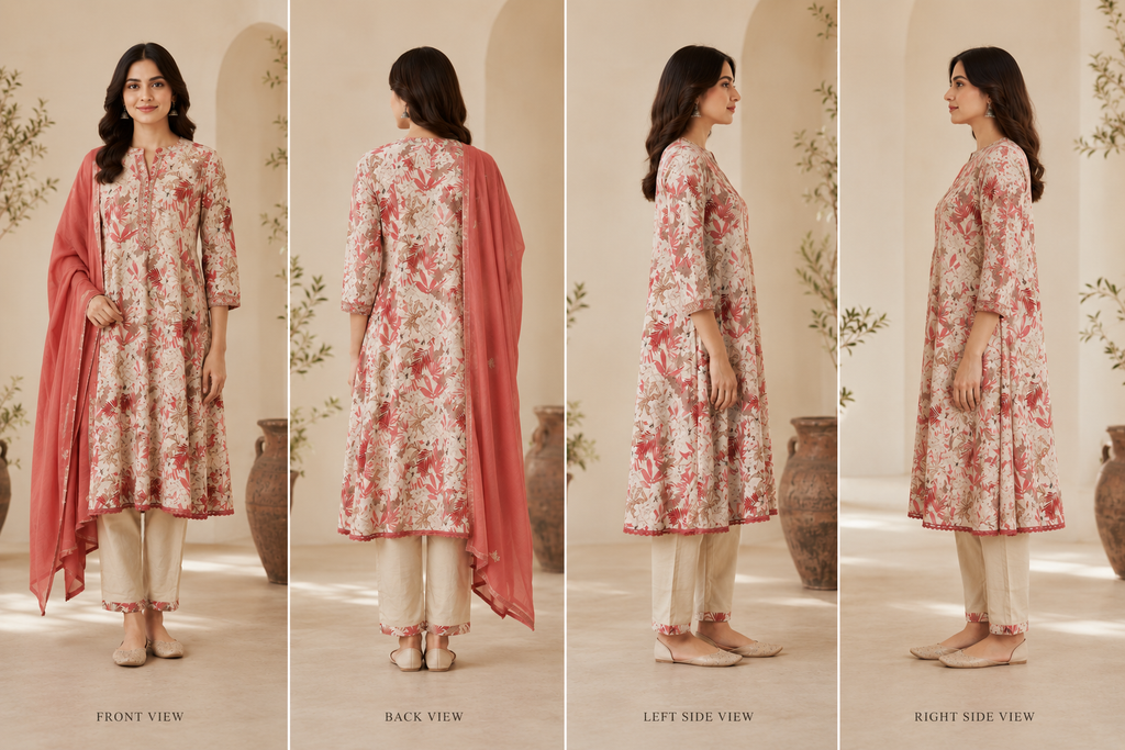Botanical Floral Print Pure Cotton Kurta Set with Trousers & Dupatta