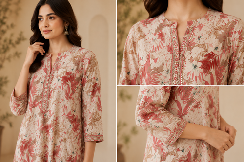 Botanical Floral Print Pure Cotton Kurta Set with Trousers & Dupatta