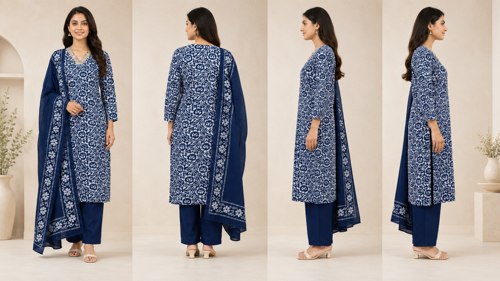 Botanical Print Indigo Blue Kurta Set with Trousers & Dupatta