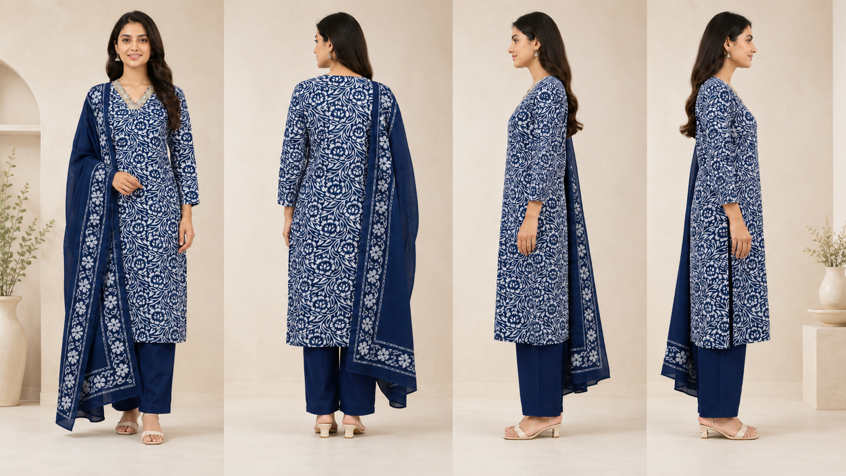 Botanical Print Indigo Blue Kurta Set with Trousers & Dupatta
