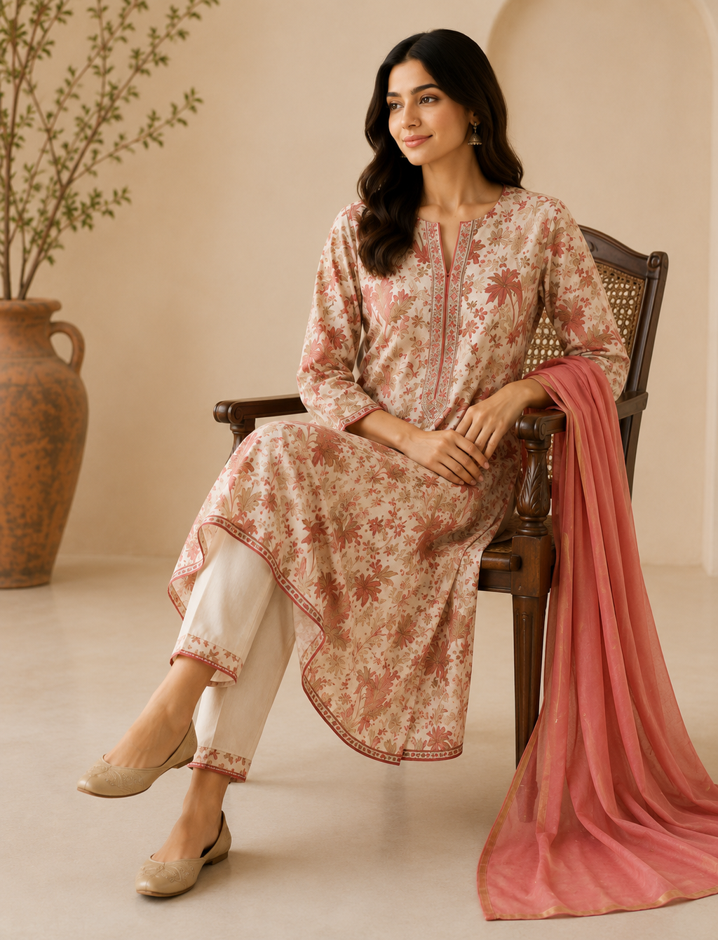 Botanical Floral Print Pure Cotton Kurta Set with Trousers & Dupatta