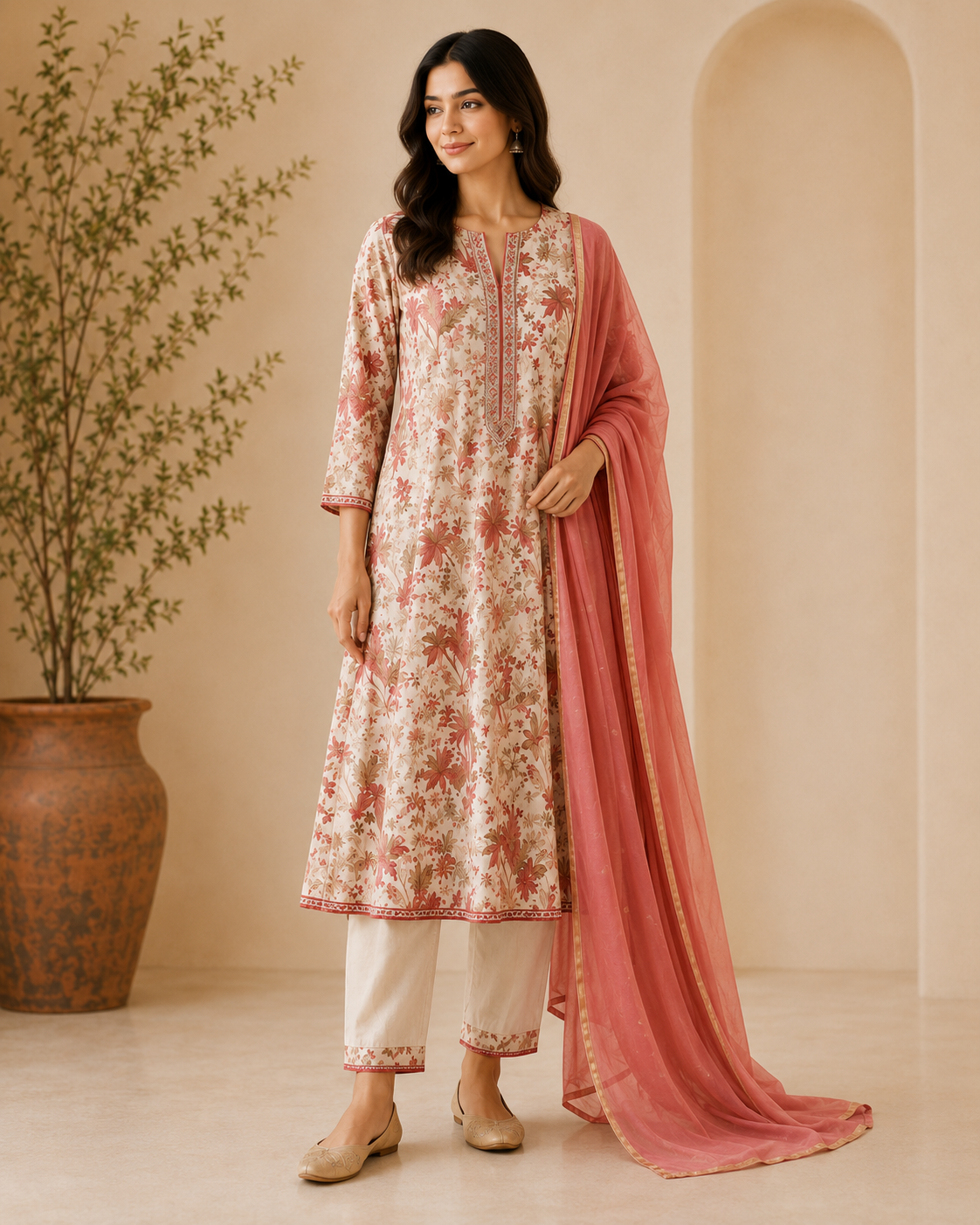 Botanical Floral Print Pure Cotton Kurta Set with Trousers & Dupatta