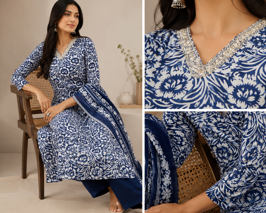 Botanical Print Indigo Blue Kurta Set with Trousers & Dupatta
