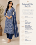 Botanical Print Indigo Blue Kurta Set with Trousers & Dupatta