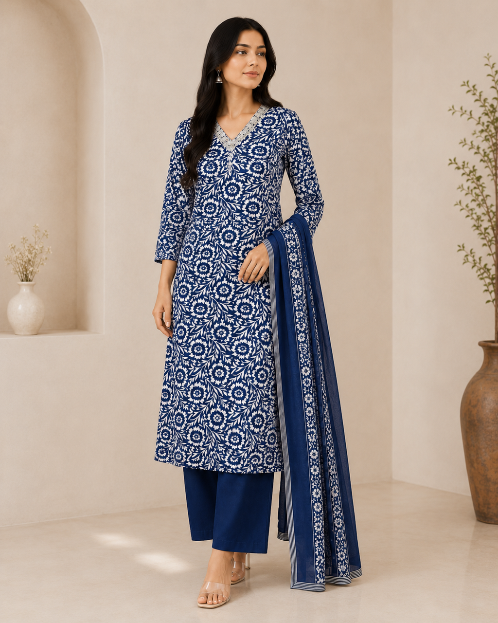 Botanical Print Indigo Blue Kurta Set with Trousers & Dupatta