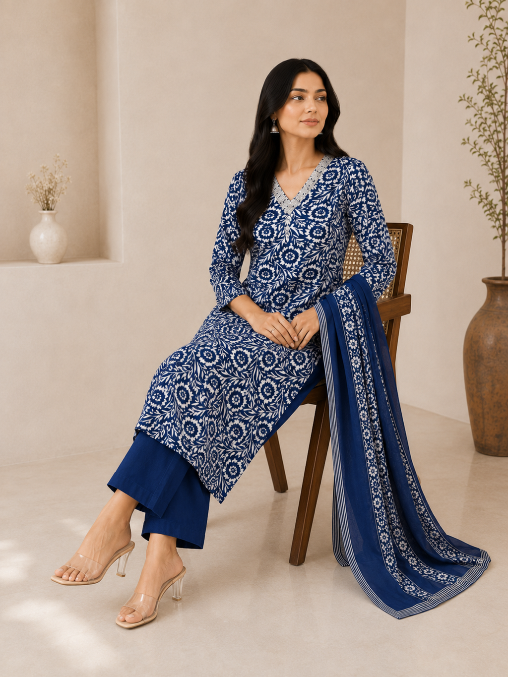Botanical Print Indigo Blue Kurta Set with Trousers & Dupatta