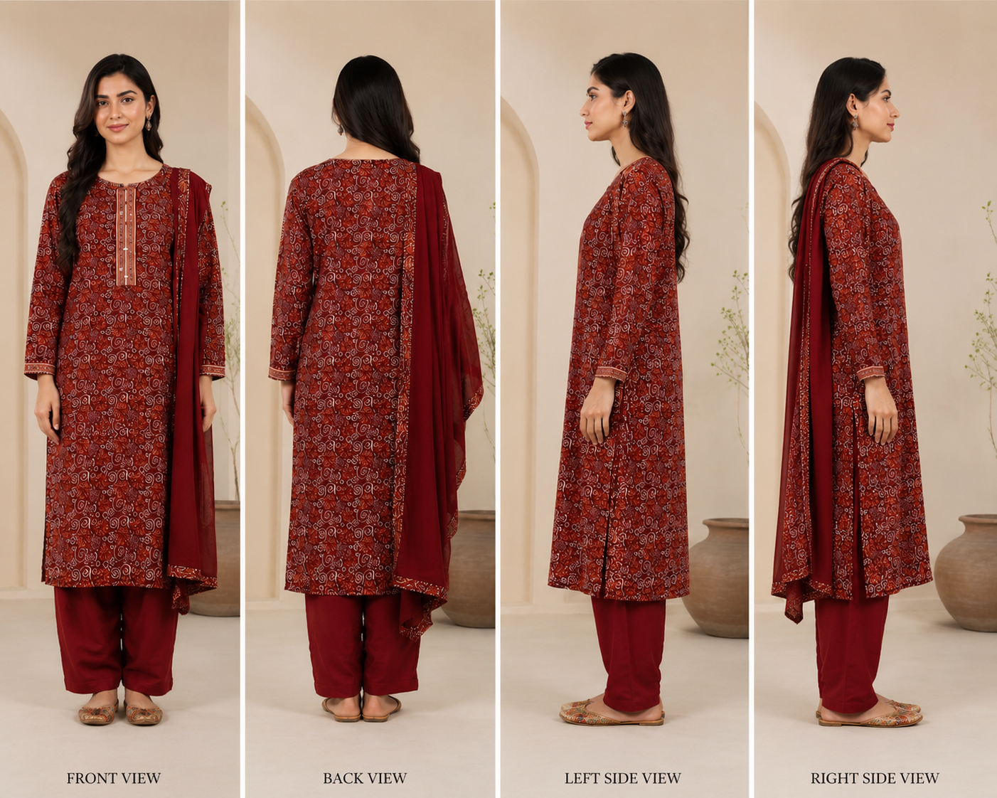 Maroon Printed Cotton Kurta Set with Trousers & Dupatta