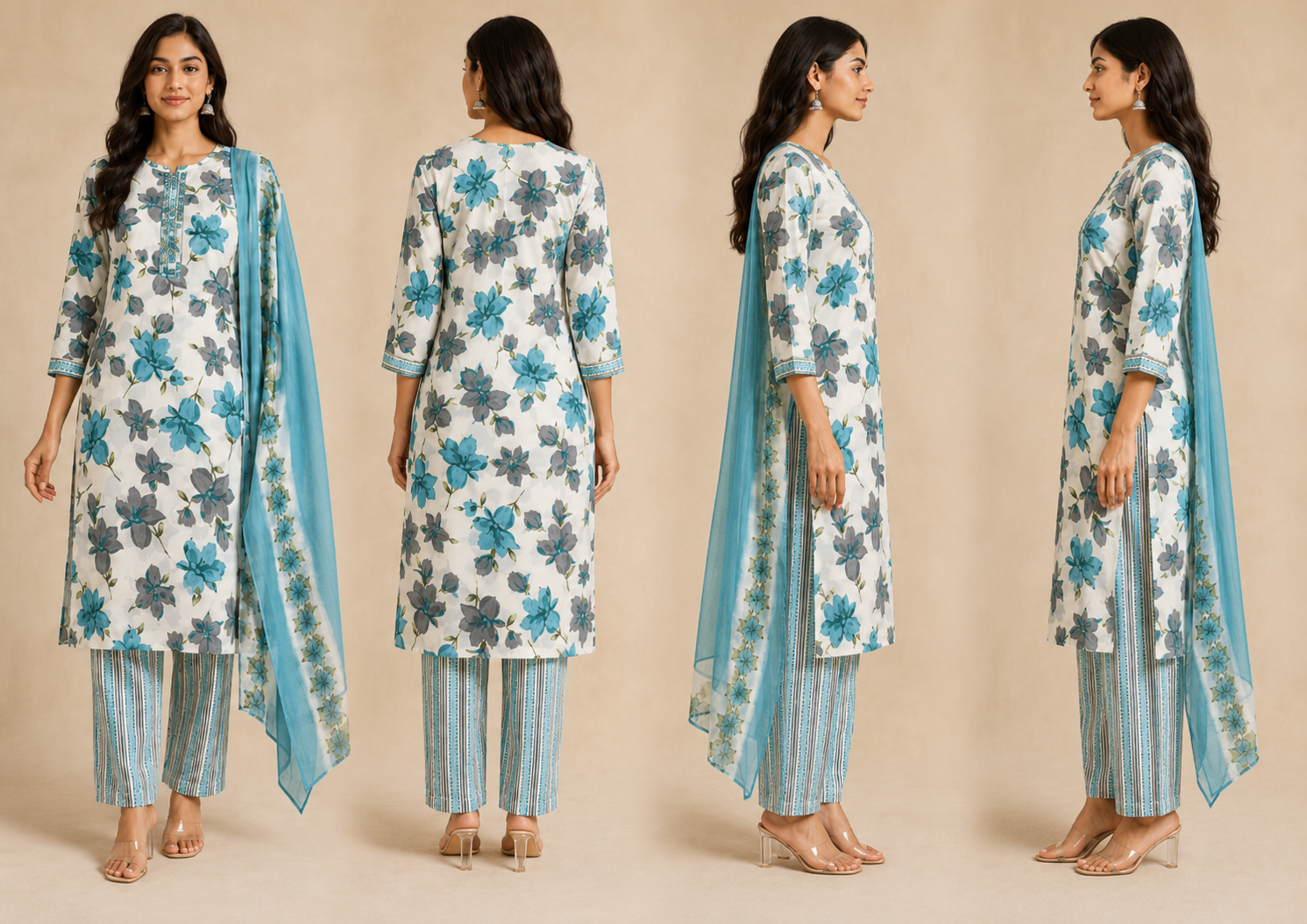 Turquoise Floral Print Cotton Kurta Set with Trousers & Dupatta