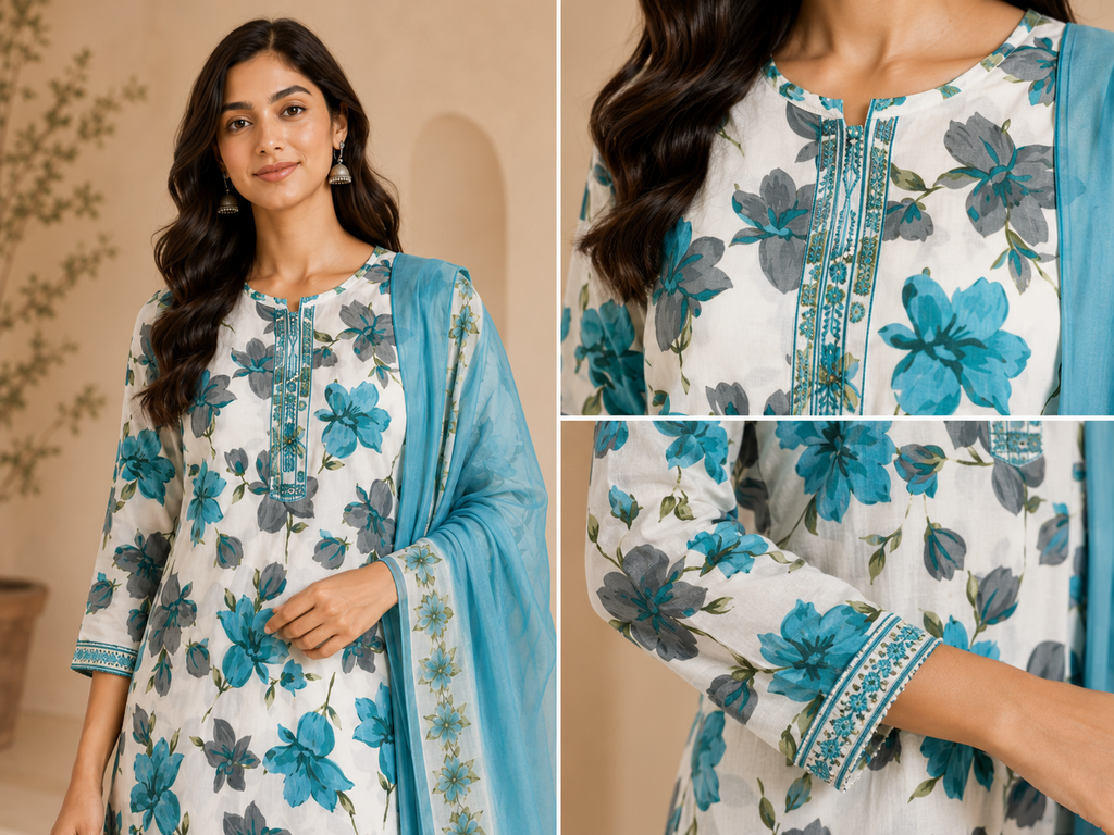 Turquoise Floral Print Cotton Kurta Set with Trousers & Dupatta