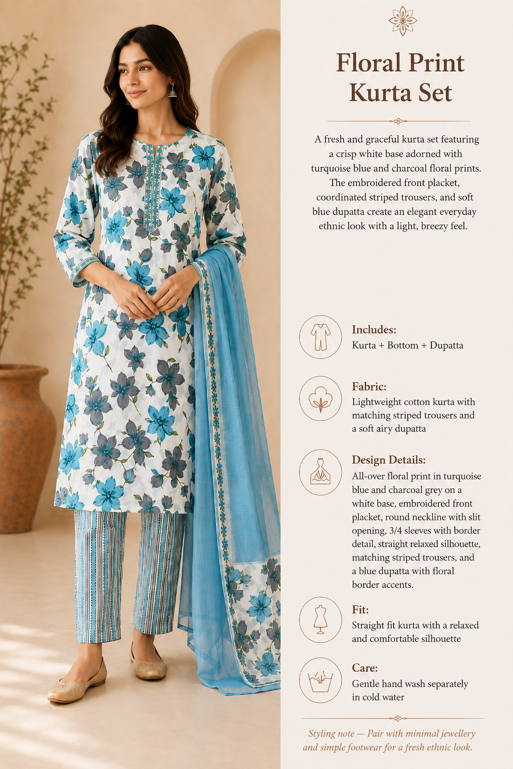 Turquoise Floral Print Cotton Kurta Set with Trousers & Dupatta