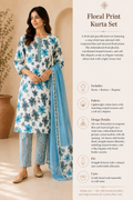 Turquoise Floral Print Cotton Kurta Set with Trousers & Dupatta