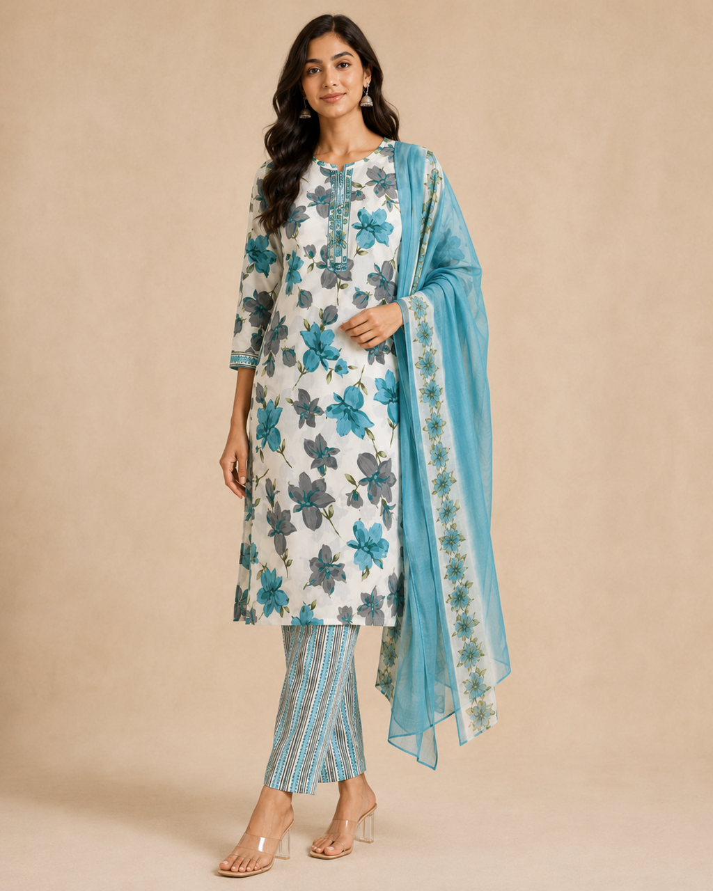Turquoise Floral Print Cotton Kurta Set with Trousers & Dupatta