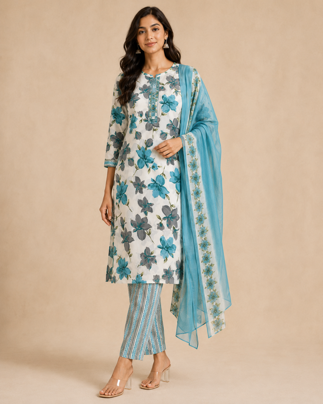 Turquoise Floral Print Cotton Kurta Set with Trousers & Dupatta