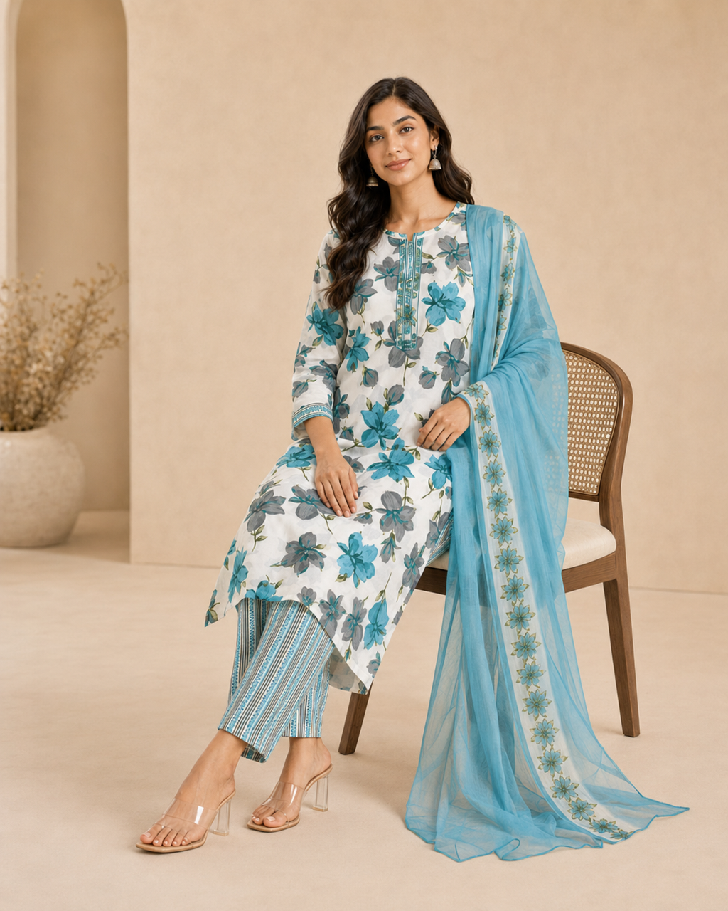 Turquoise Floral Print Cotton Kurta Set with Trousers & Dupatta