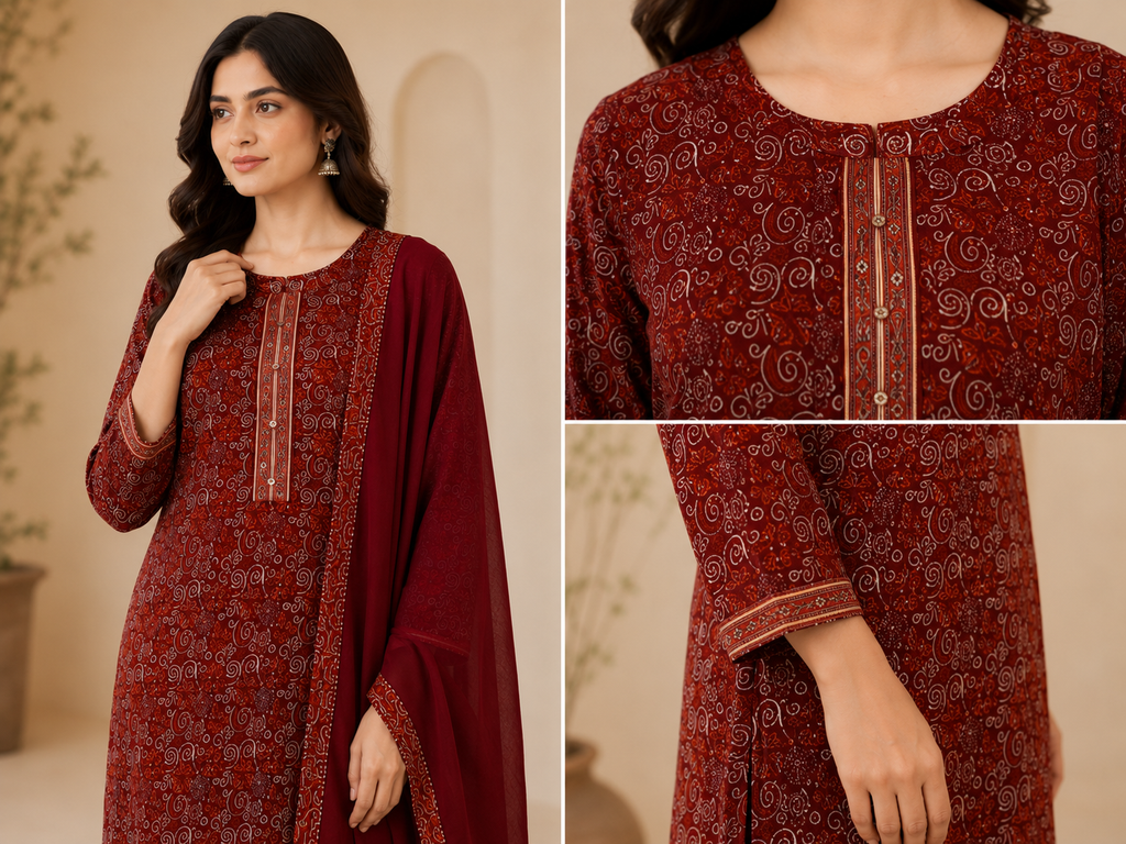 Maroon Printed Cotton Kurta Set with Trousers & Dupatta