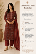 Maroon Printed Cotton Kurta Set with Trousers & Dupatta