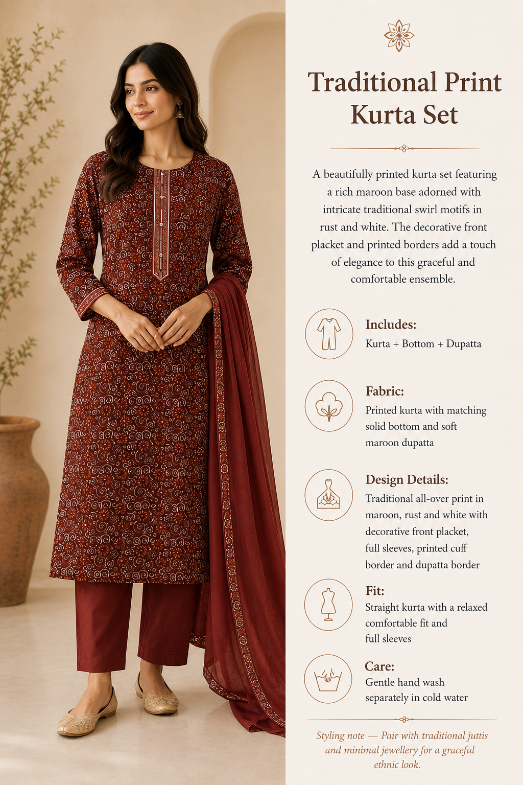 Maroon Printed Cotton Kurta Set with Trousers & Dupatta