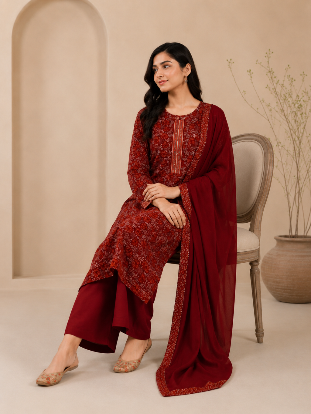 Maroon Printed Cotton Kurta Set with Trousers & Dupatta