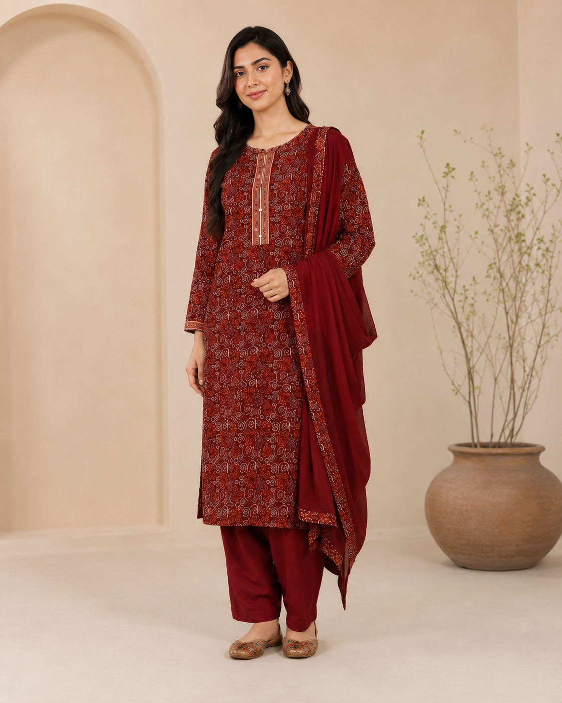 Maroon Printed Cotton Kurta Set with Trousers & Dupatta