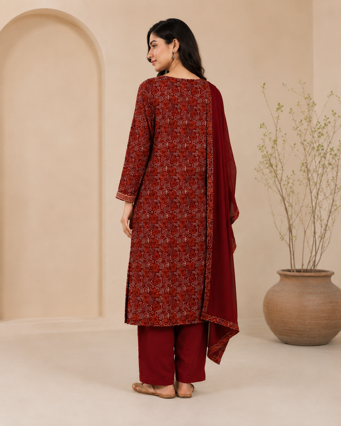 Maroon Printed Cotton Kurta Set with Trousers & Dupatta