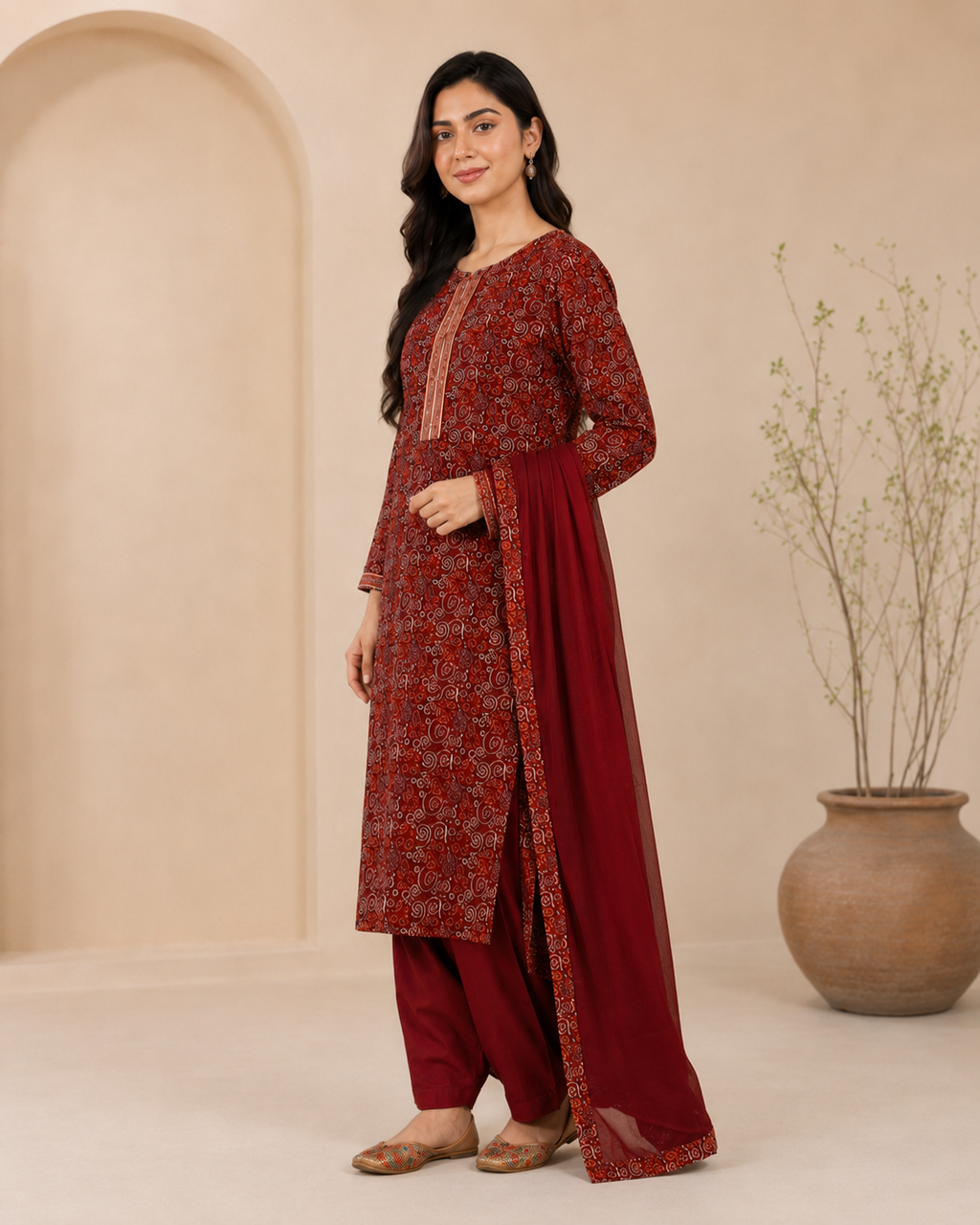 Maroon Printed Cotton Kurta Set with Trousers & Dupatta
