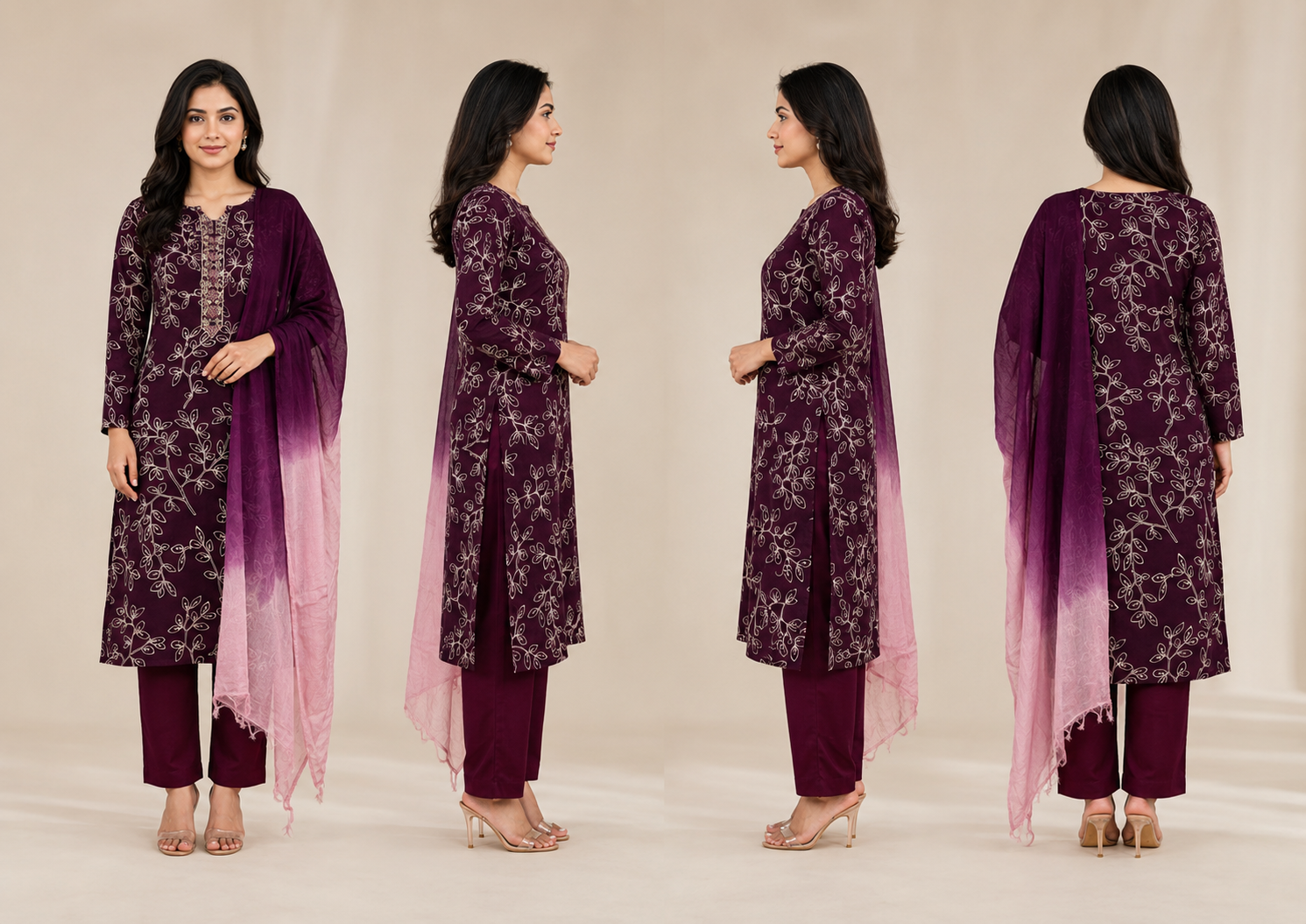 Wine Embroidered Cotton Kurta Set with Trousers & Shaded Dupatta