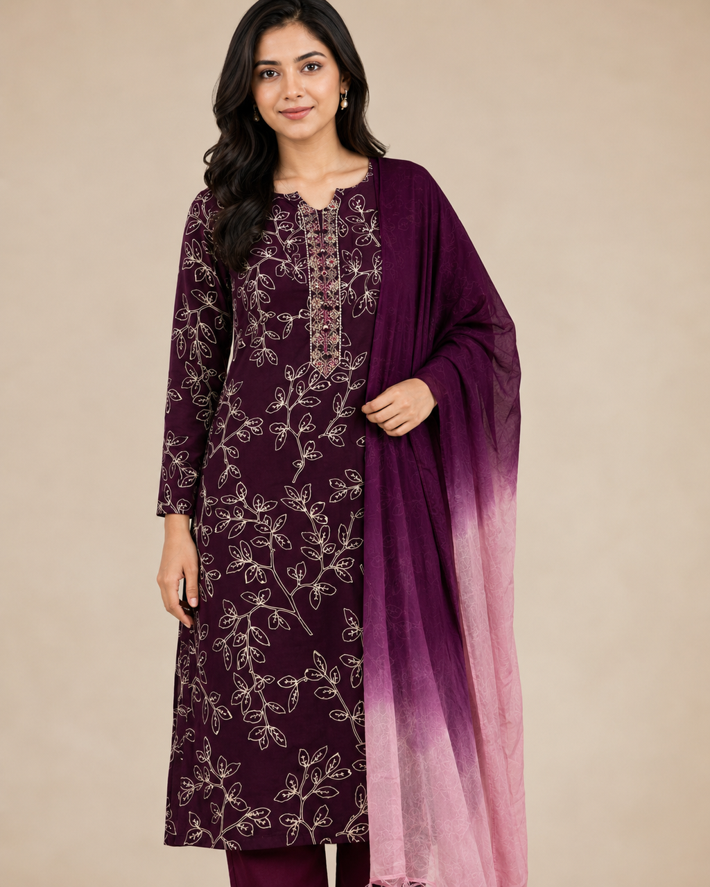 Wine Embroidered Cotton Kurta Set with Trousers & Shaded Dupatta