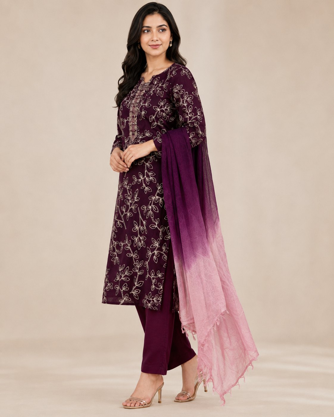 Wine Embroidered Cotton Kurta Set with Trousers & Shaded Dupatta