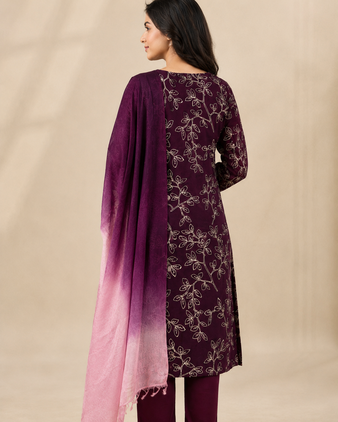 Wine Embroidered Cotton Kurta Set with Trousers & Shaded Dupatta