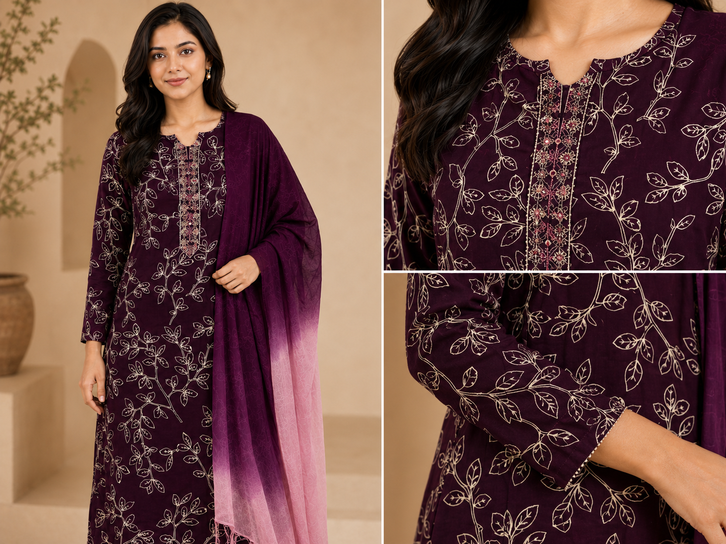 Wine Embroidered Cotton Kurta Set with Trousers & Shaded Dupatta