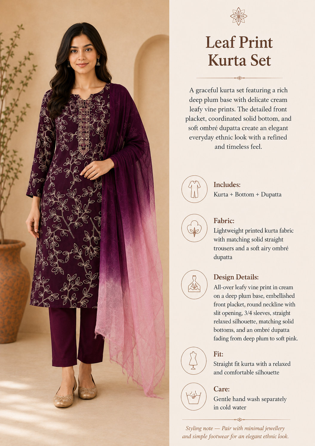 Wine Embroidered Cotton Kurta Set with Trousers & Shaded Dupatta