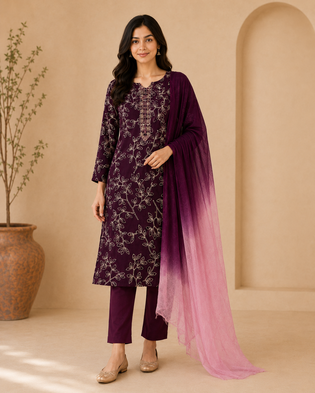 Wine Embroidered Cotton Kurta Set with Trousers & Shaded Dupatta