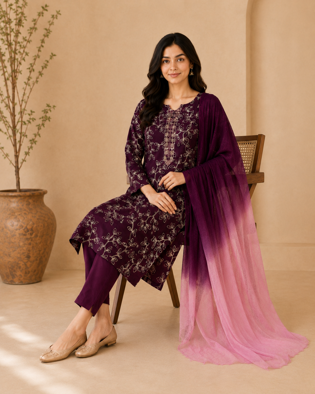 Wine Embroidered Cotton Kurta Set with Trousers & Shaded Dupatta