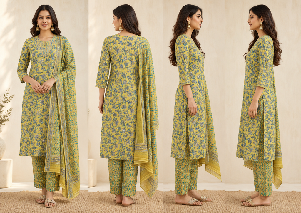 Lime Green Floral Print Cotton Kurta Set with Trousers & Dupatta