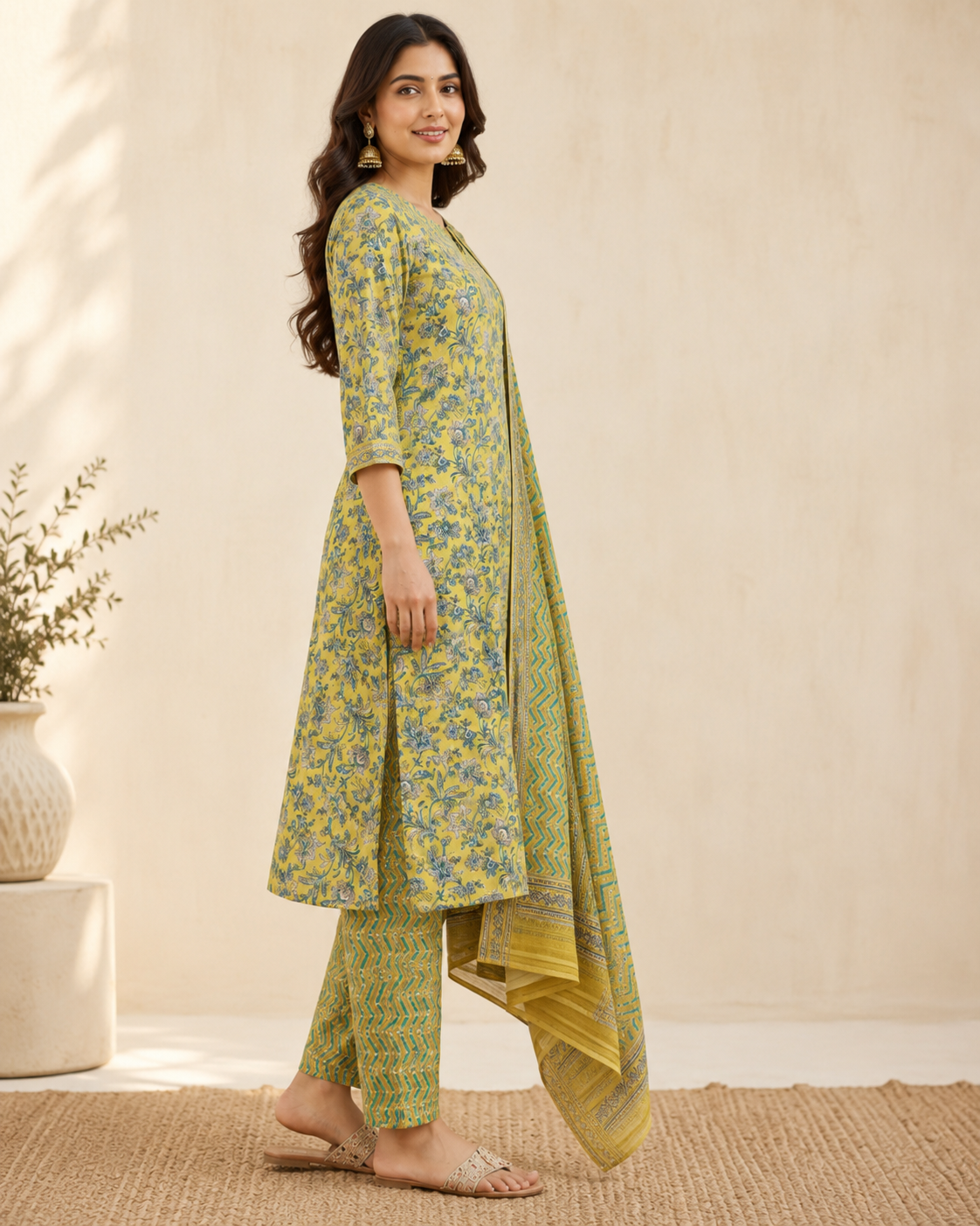 Lime Green Floral Print Cotton Kurta Set with Trousers & Dupatta