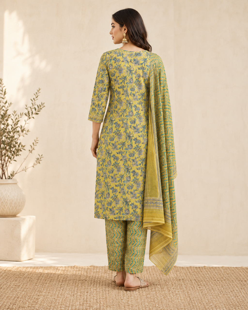 Lime Green Floral Print Cotton Kurta Set with Trousers & Dupatta