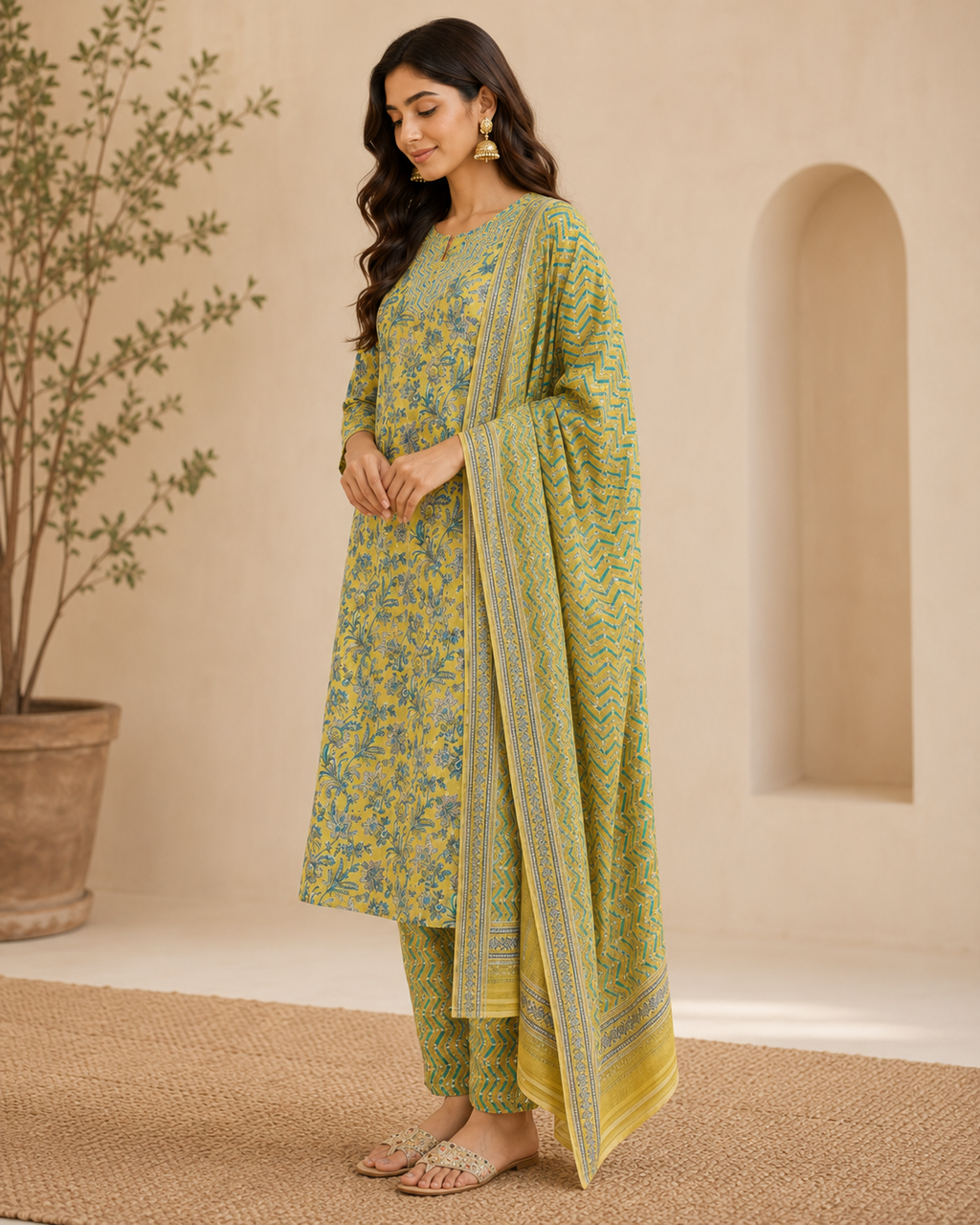 Lime Green Floral Print Cotton Kurta Set with Trousers & Dupatta