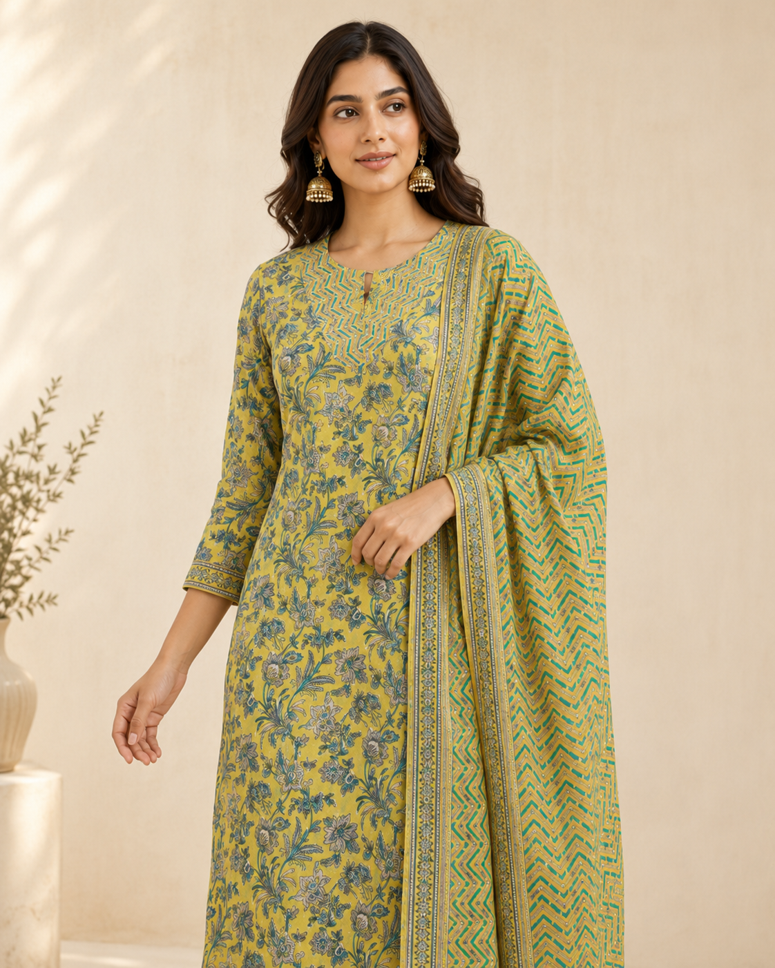 Lime Green Floral Print Cotton Kurta Set with Trousers & Dupatta