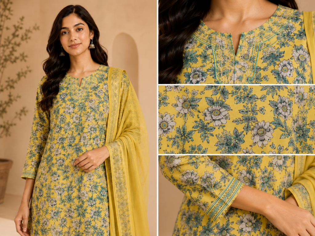 Lime Green Floral Print Cotton Kurta Set with Trousers & Dupatta