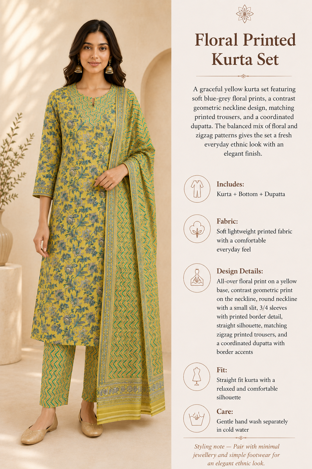 Lime Green Floral Print Cotton Kurta Set with Trousers & Dupatta
