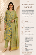 Lime Green Floral Print Cotton Kurta Set with Trousers & Dupatta