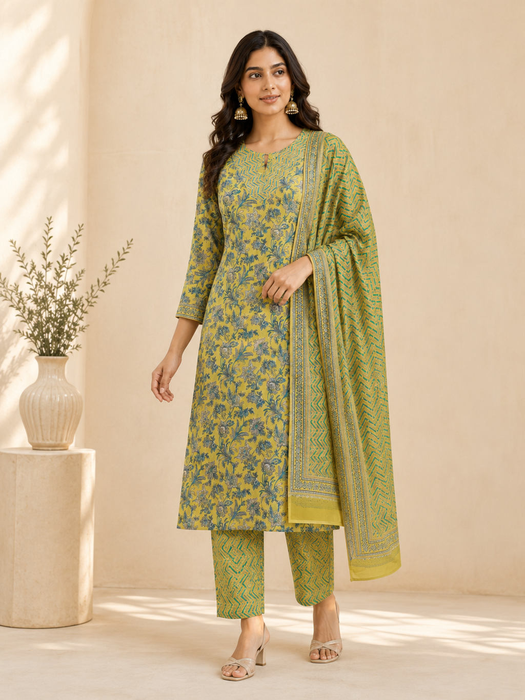 Lime Green Floral Print Cotton Kurta Set with Trousers & Dupatta