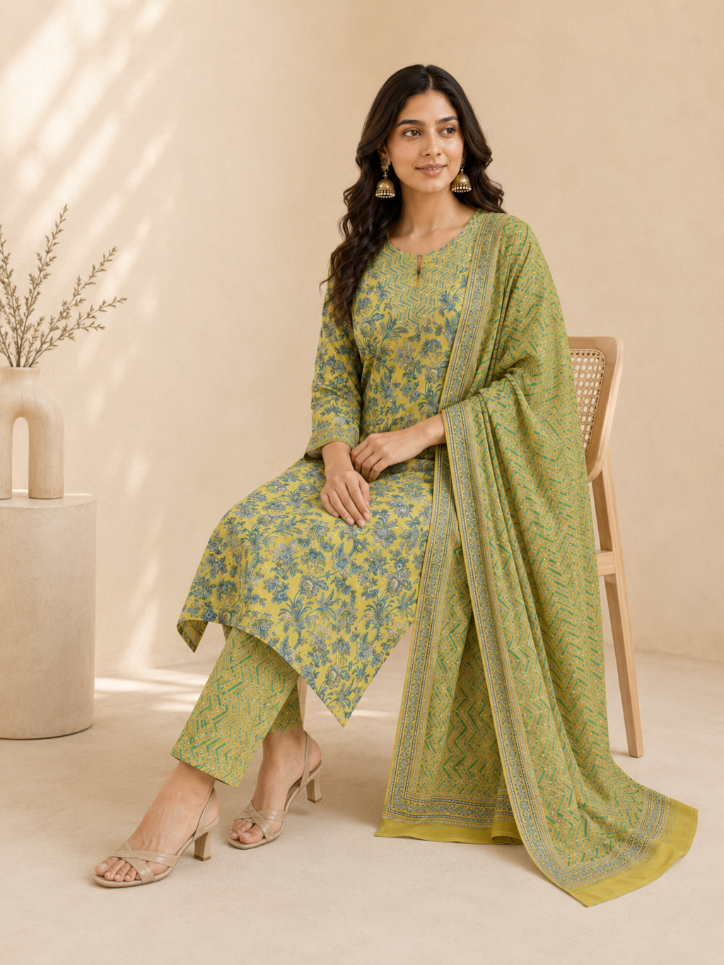 Lime Green Floral Print Cotton Kurta Set with Trousers & Dupatta