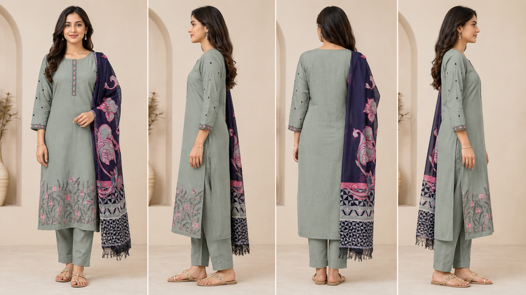 Sage Green Embroidered Cotton Kurta Set with Trousers & Contrast Dupatta