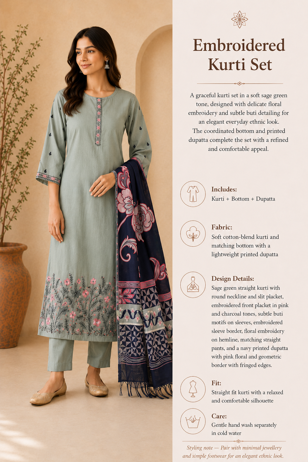 Sage Green Embroidered Cotton Kurta Set with Trousers & Contrast Dupatta