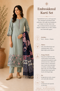 Sage Green Embroidered Cotton Kurta Set with Trousers & Contrast Dupatta